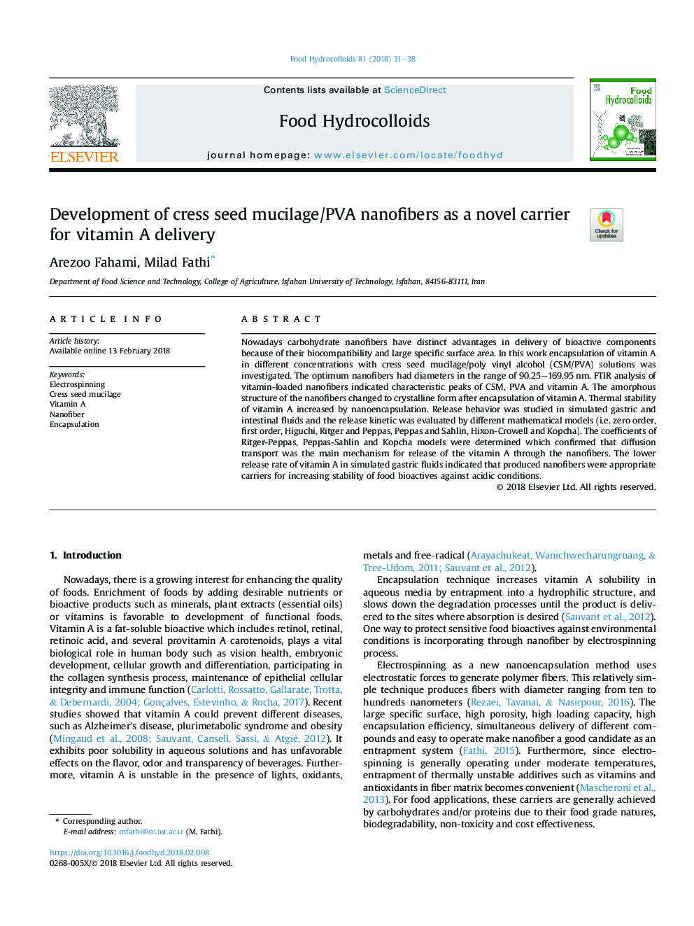 Development of cress seed mucilage/PVA nanofibers as a novel carrier for vitamin A delivery