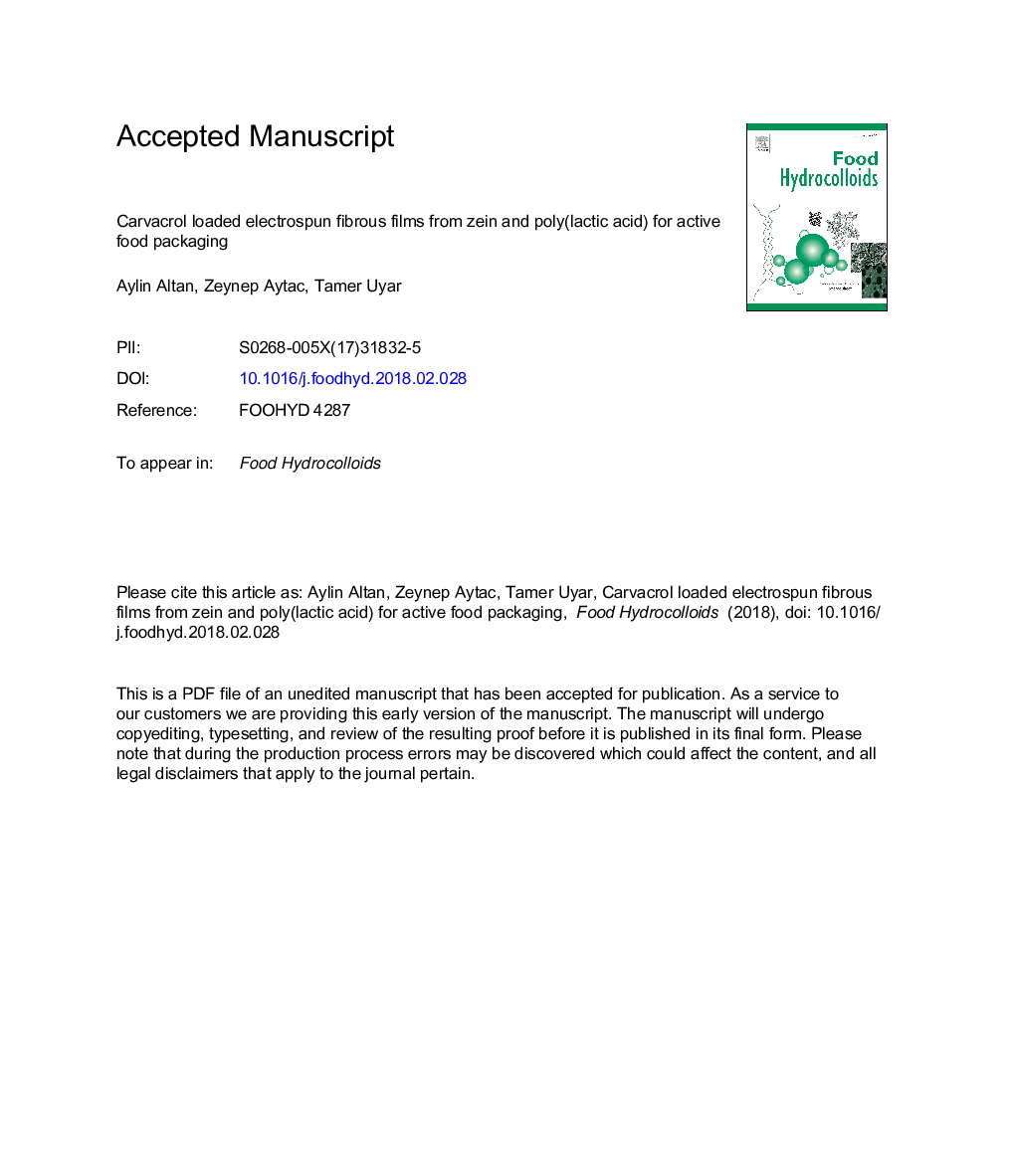 Carvacrol loaded electrospun fibrous films from zein and poly(lactic acid) for active food packaging