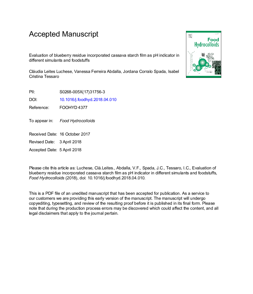 Evaluation of blueberry residue incorporated cassava starch film as pH indicator in different simulants and foodstuffs