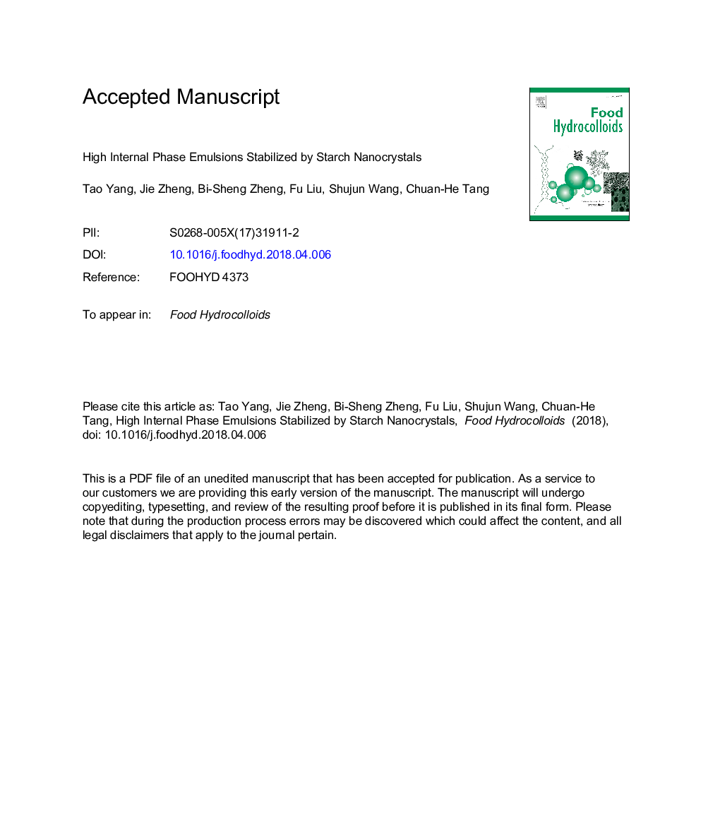 High internal phase emulsions stabilized by starch nanocrystals