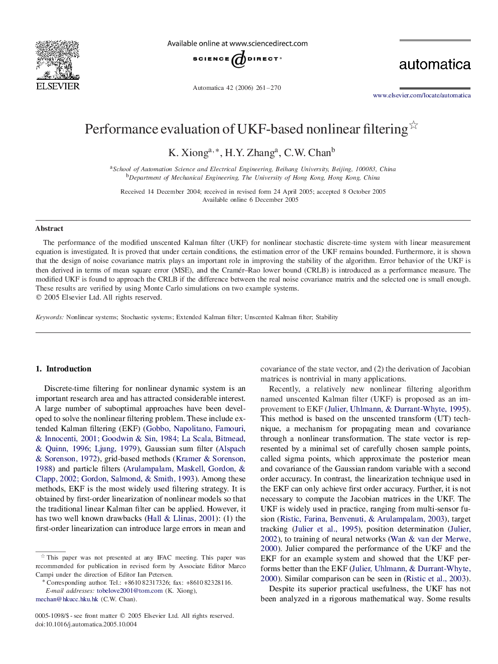 Performance evaluation of UKF-based nonlinear filtering 