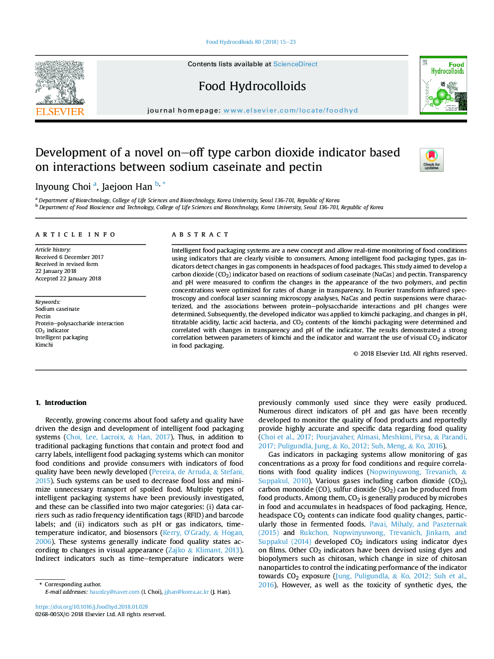 Development of a novel on-off type carbon dioxide indicator based on interactions between sodium caseinate and pectin