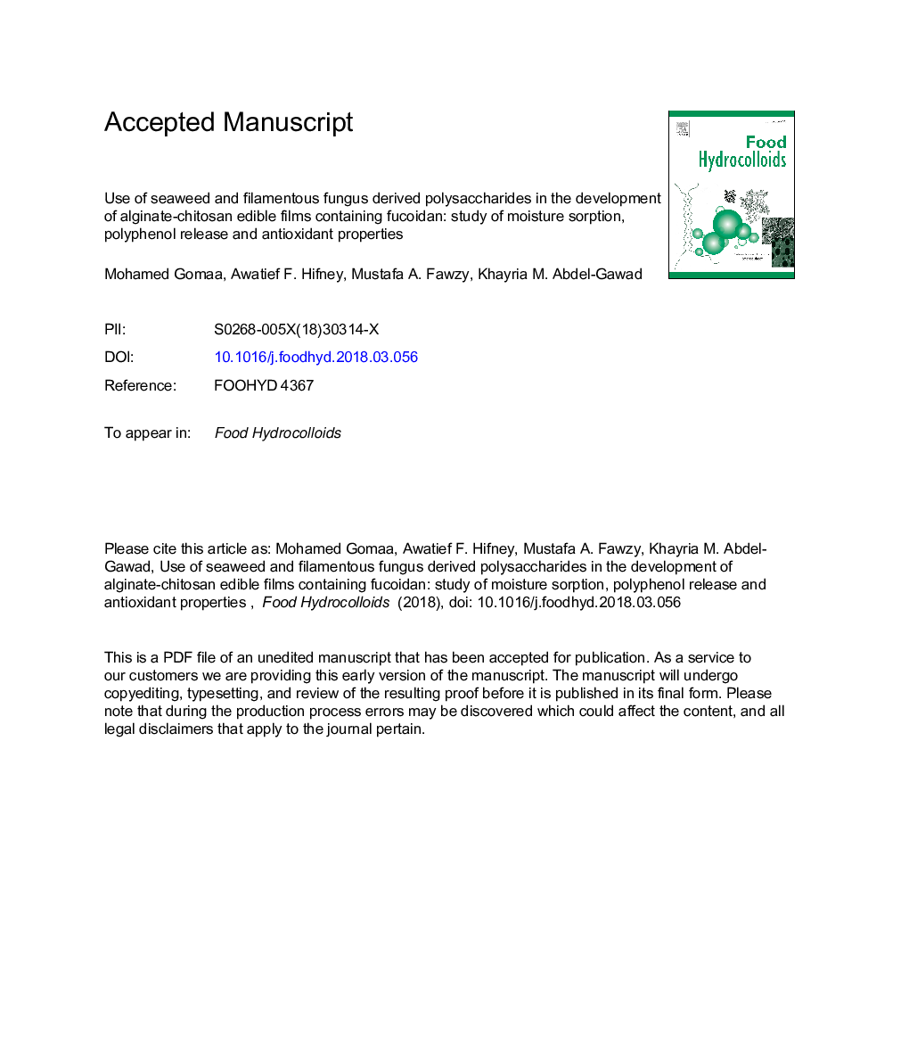 Use of seaweed and filamentous fungus derived polysaccharides in the development of alginate-chitosan edible films containing fucoidan: Study of moisture sorption, polyphenol release and antioxidant properties