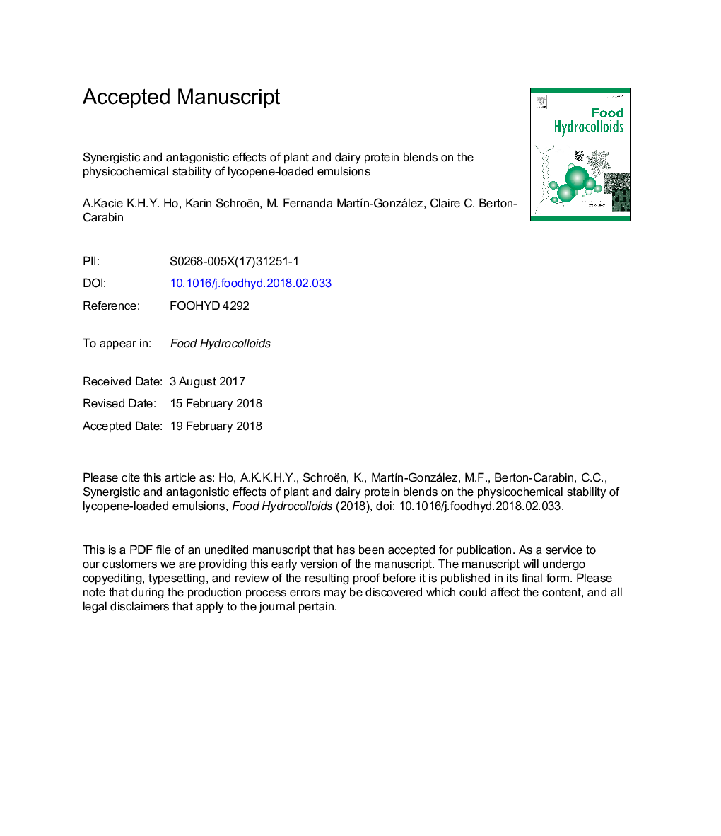 اثرات سینرژیک و آنتاگونیستی پروتئین های گیاهی و لبنی بر پایداری فیزیکوشیمیایی امولسیون های لیکوپن لود شده 