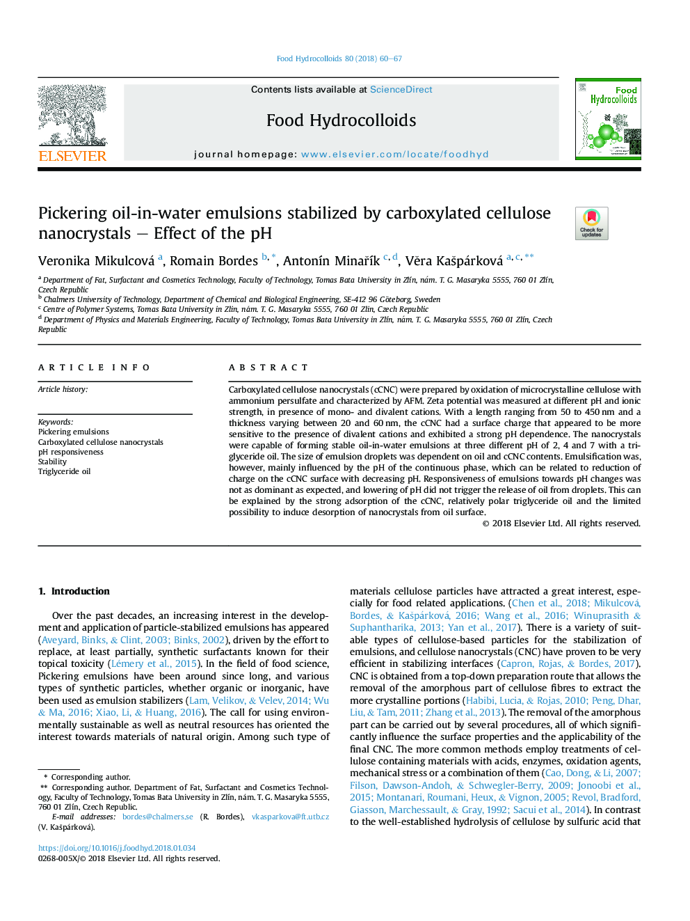 Pickering oil-in-water emulsions stabilized by carboxylated cellulose nanocrystals - Effect of the pH