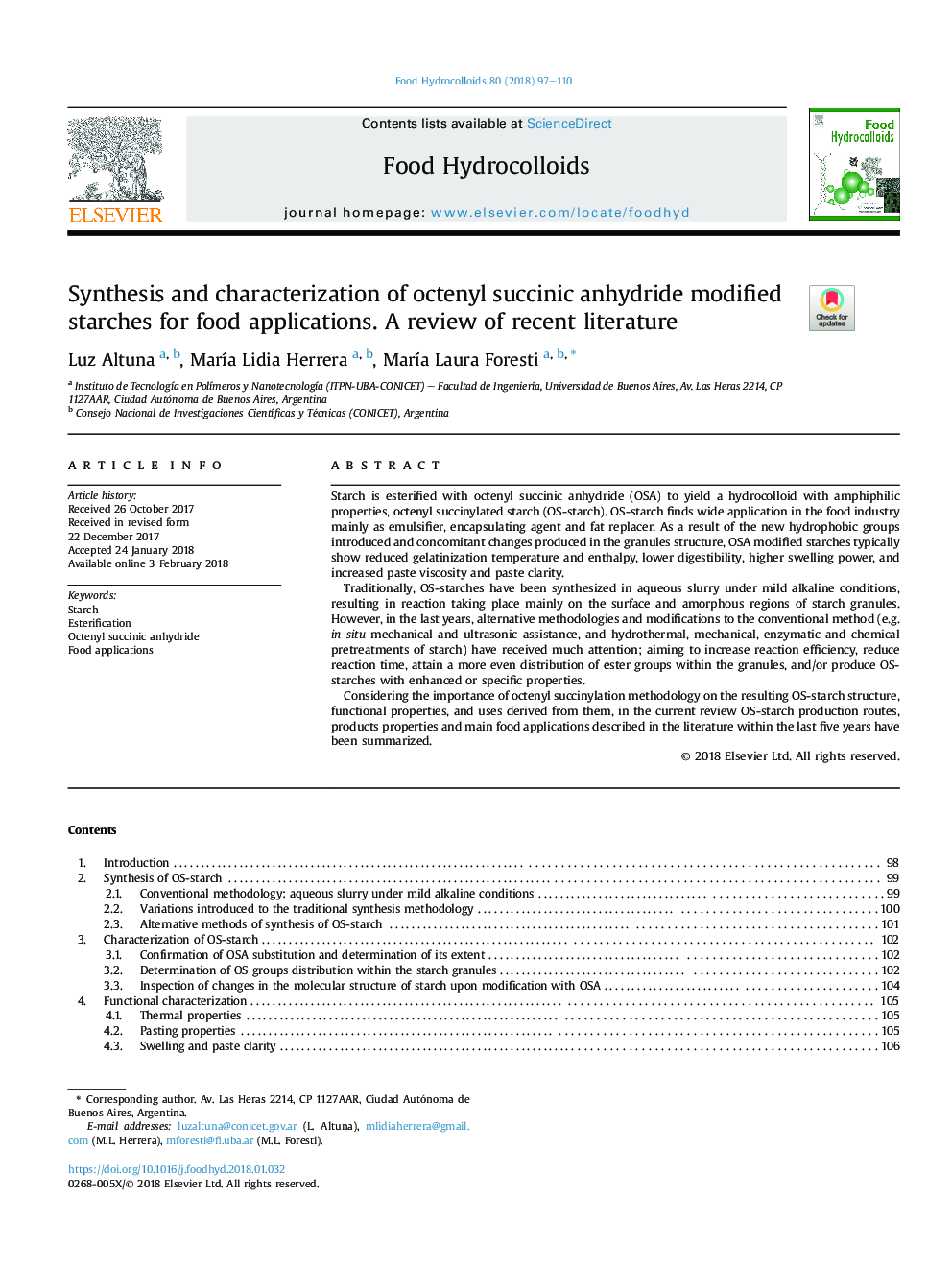 Synthesis and characterization of octenyl succinic anhydride modified starches for food applications. A review of recent literature