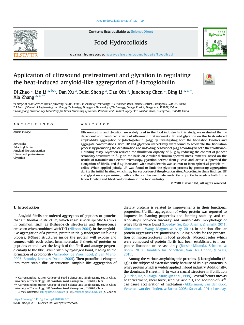 Application of ultrasound pretreatment and glycation in regulating the heat-induced amyloid-like aggregation of Î²-lactoglobulin