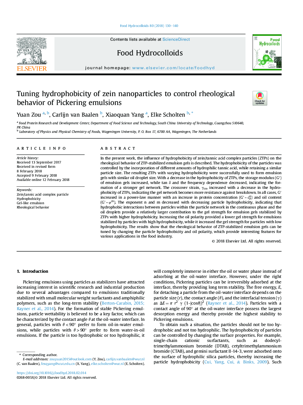 Tuning hydrophobicity of zein nanoparticles to control rheological behavior of Pickering emulsions