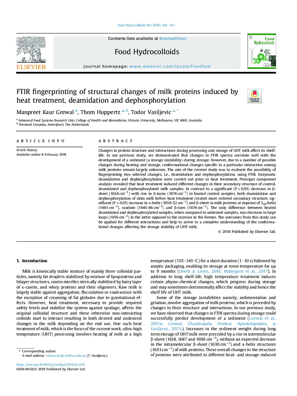 FTIR fingerprinting of structural changes of milk proteins induced by heat treatment, deamidation and dephosphorylation