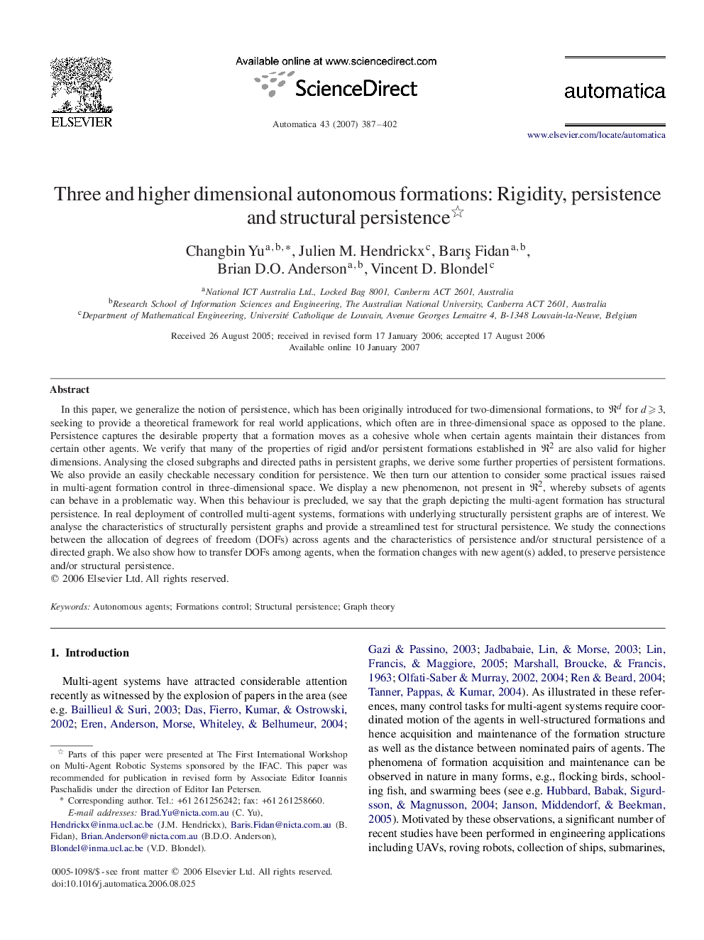 Three and higher dimensional autonomous formations: Rigidity, persistence and structural persistence 