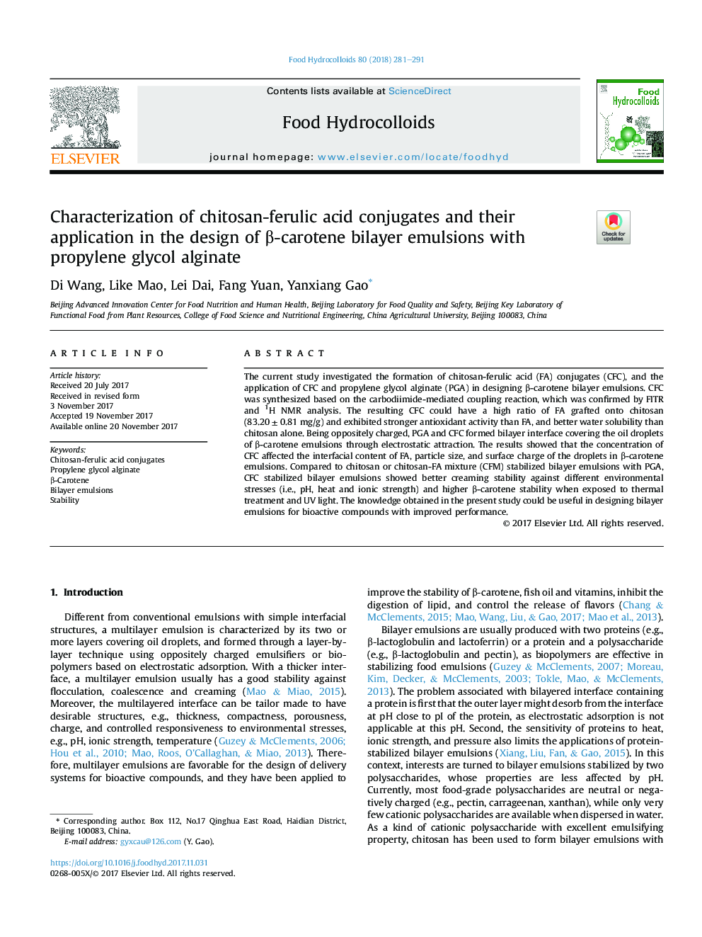 Characterization of chitosan-ferulic acid conjugates and their application in the design of Î²-carotene bilayer emulsions with propylene glycol alginate