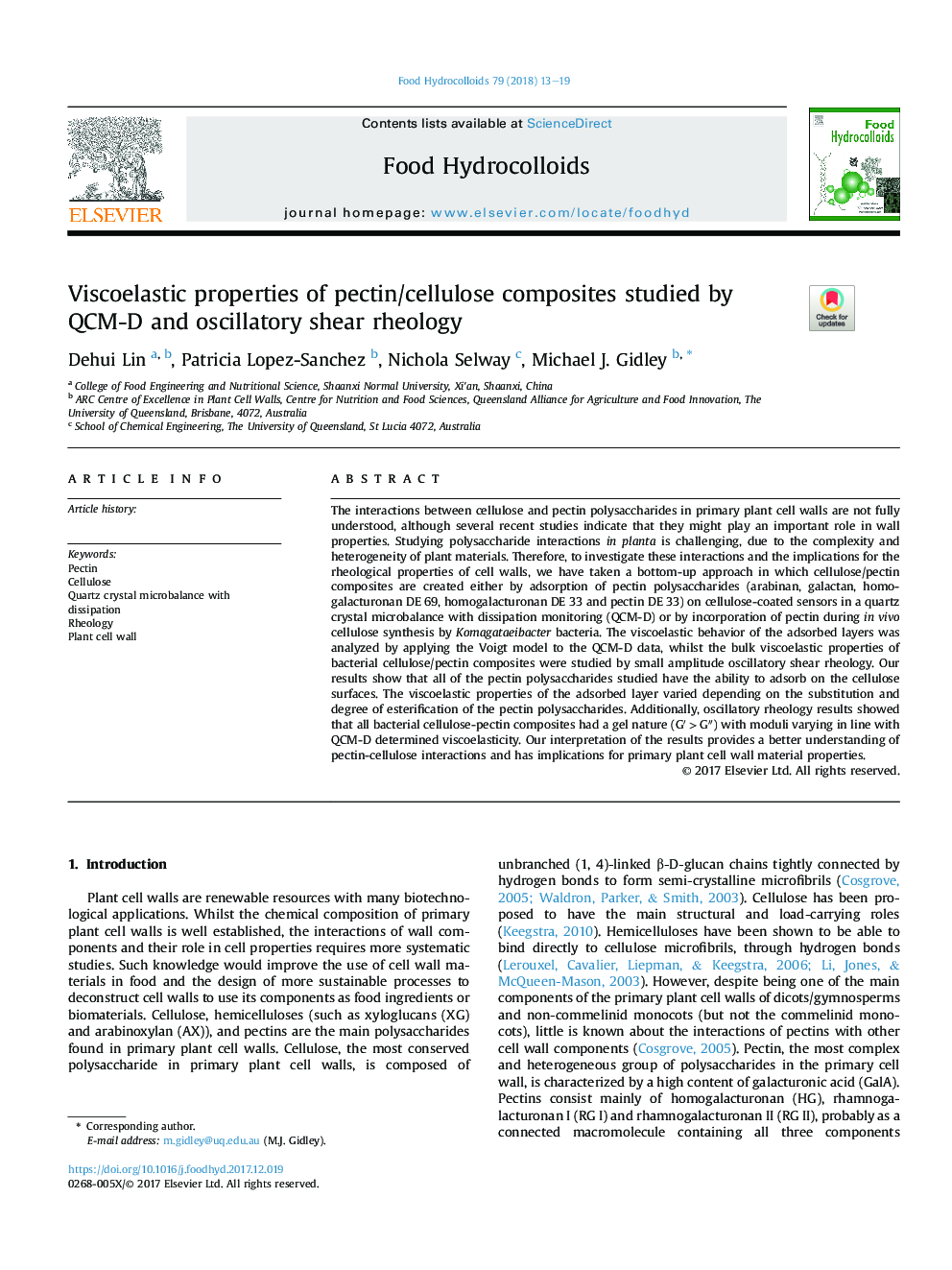 Viscoelastic properties of pectin/cellulose composites studied by QCM-D and oscillatory shear rheology