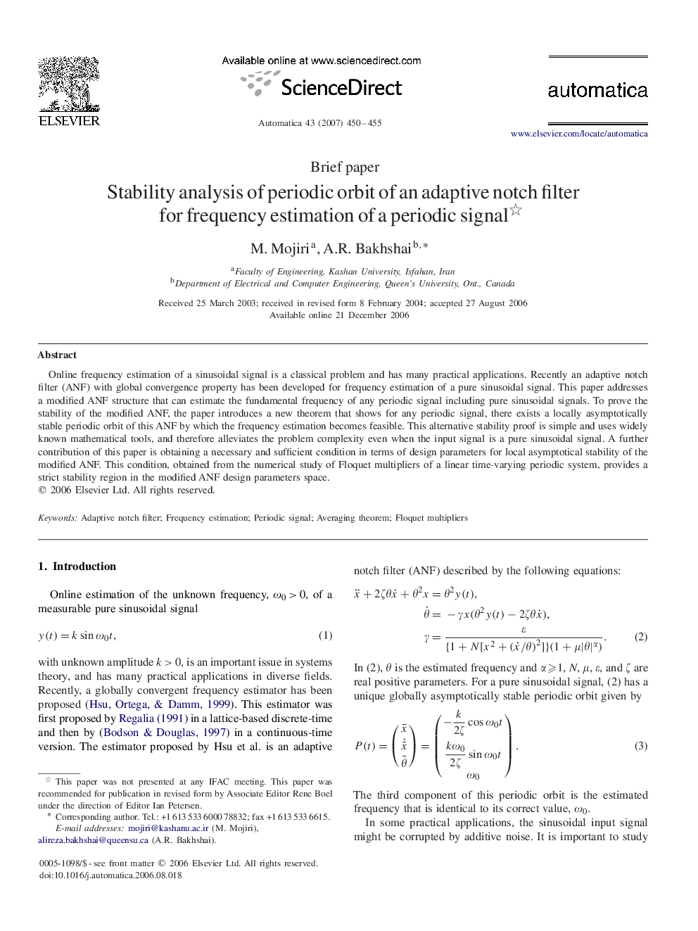 Stability analysis of periodic orbit of an adaptive notch filter for frequency estimation of a periodic signal 