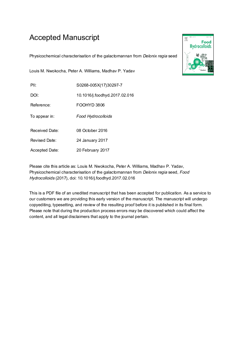 Physicochemical characterisation of the galactomannan from Delonix regia seed