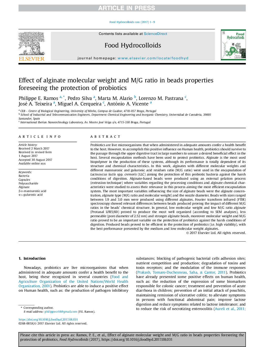 Effect of alginate molecular weight and M/G ratio in beads properties foreseeing the protection of probiotics