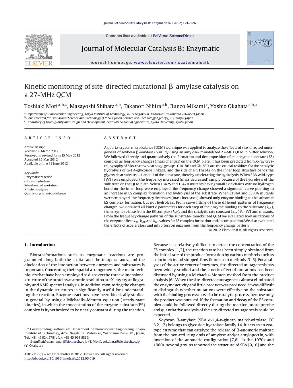 Kinetic monitoring of site-directed mutational β-amylase catalysis on a 27-MHz QCM