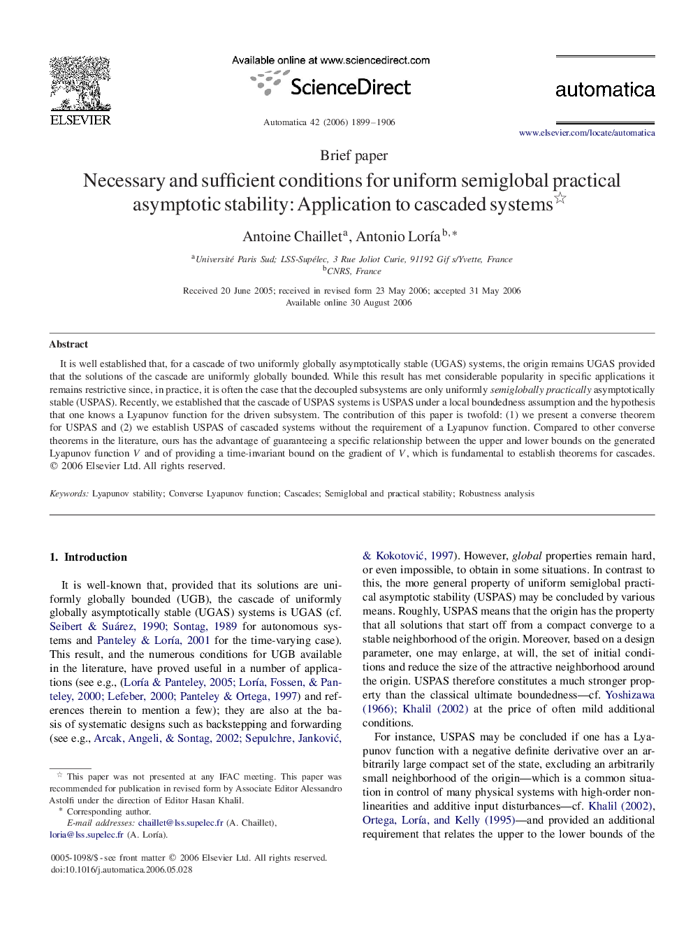 Necessary and sufficient conditions for uniform semiglobal practical asymptotic stability: Application to cascaded systems 