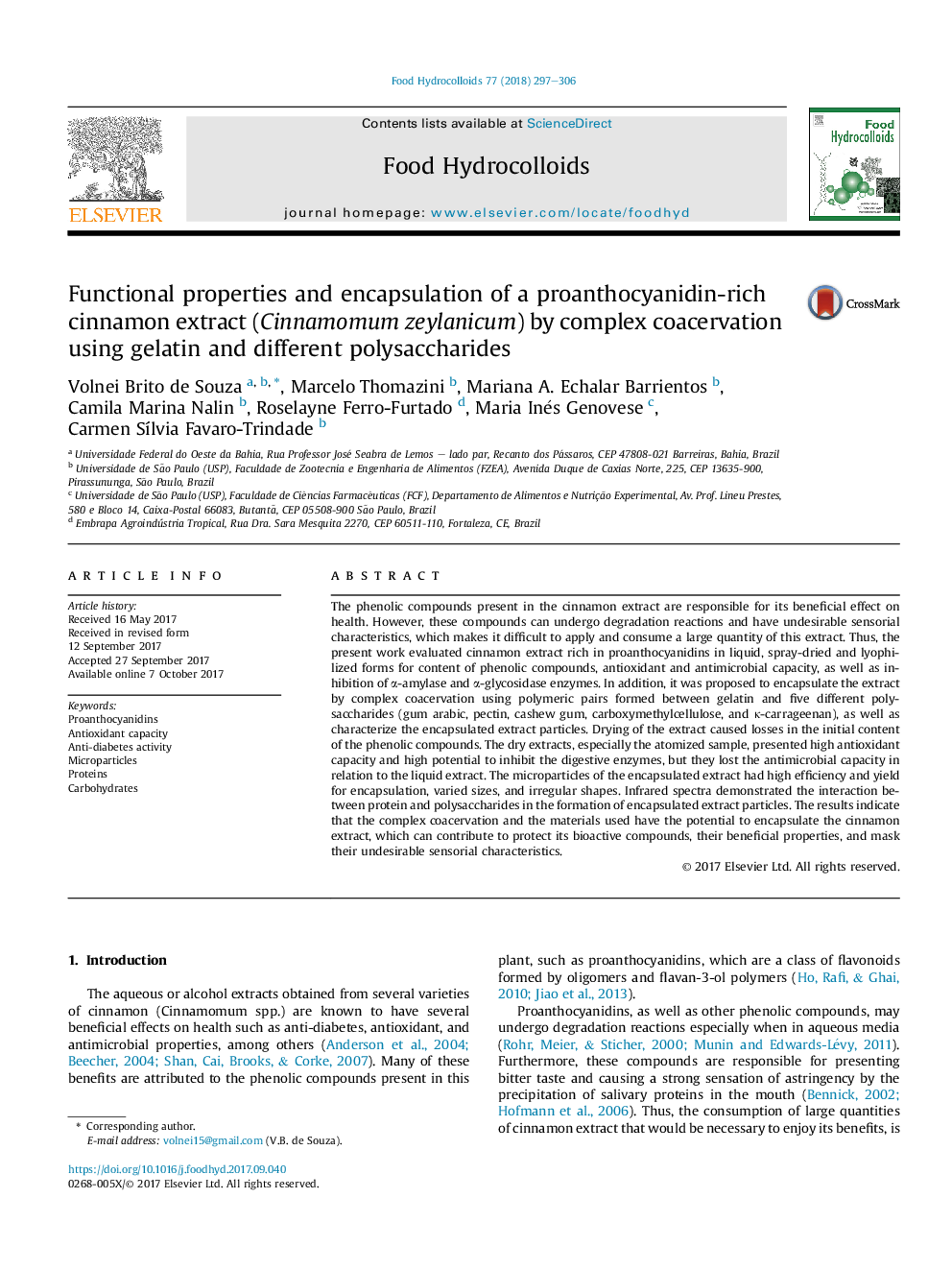 Functional properties and encapsulation of a proanthocyanidin-rich cinnamon extract (Cinnamomum zeylanicum) by complex coacervation using gelatin and different polysaccharides