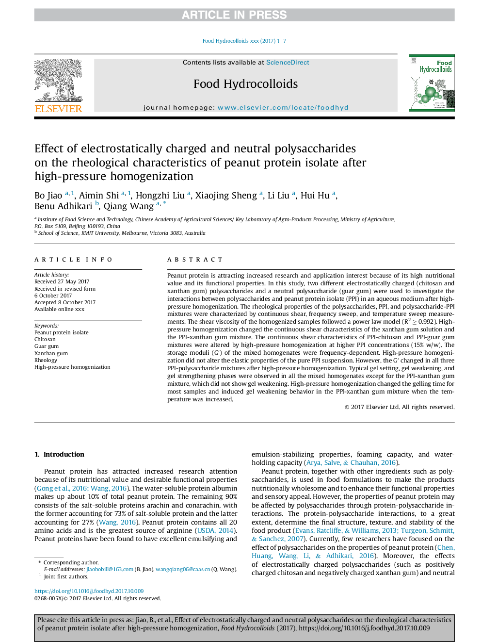 Effect of electrostatically charged and neutral polysaccharides onÂ theÂ rheological characteristics of peanut protein isolate after high-pressure homogenization