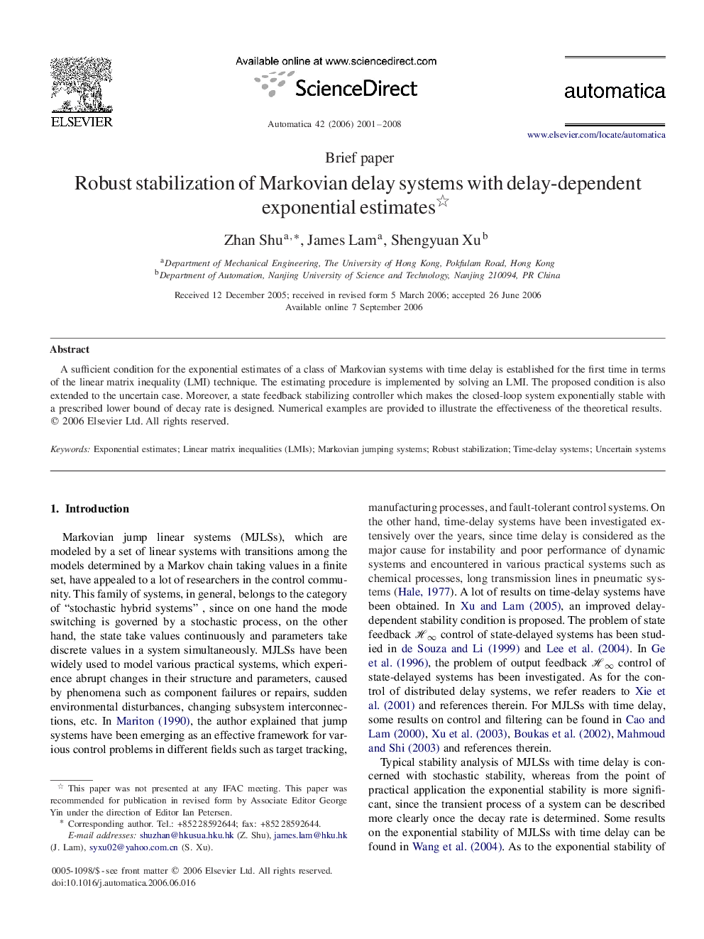 Robust stabilization of Markovian delay systems with delay-dependent exponential estimates 