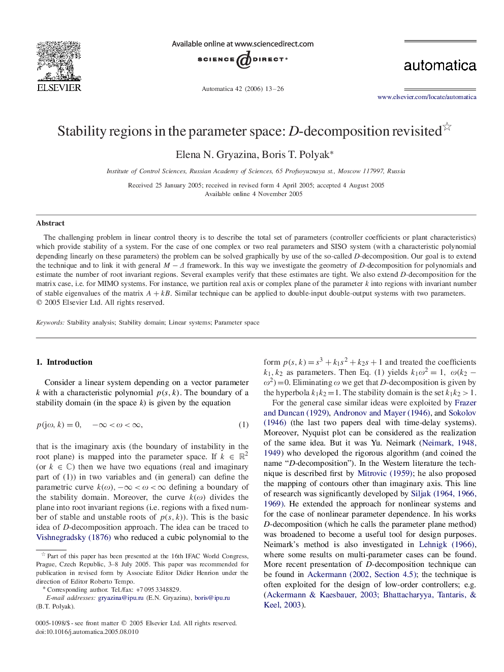 عکس صفحه اول مقاله: Stability regions in the parameter space: D-decomposition revisited Stability regions in the parameter space: D-decomposition revisited