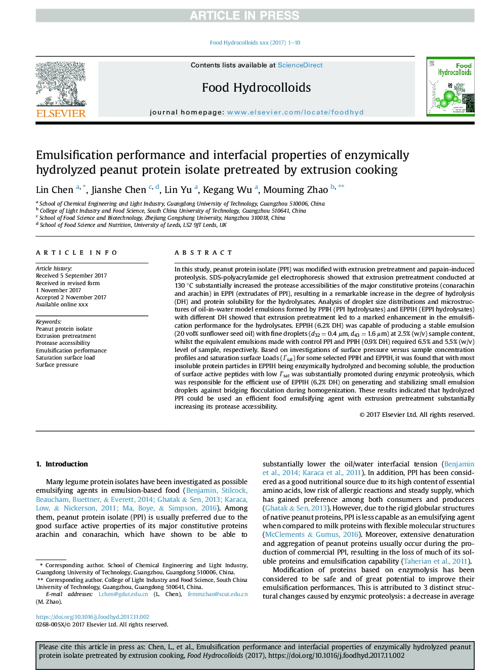 Emulsification performance and interfacial properties of enzymically hydrolyzed peanut protein isolate pretreated by extrusion cooking