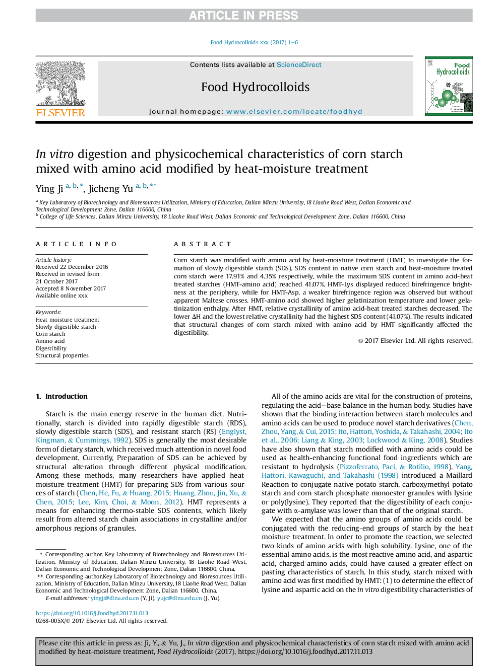 InÂ vitro digestion and physicochemical characteristics of corn starch mixed with amino acid modified by heat-moisture treatment