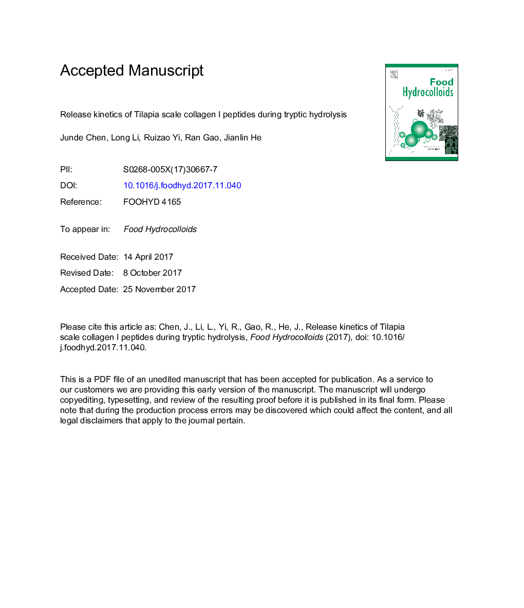 Release kinetics of Tilapia scale collagen I peptides during tryptic hydrolysis