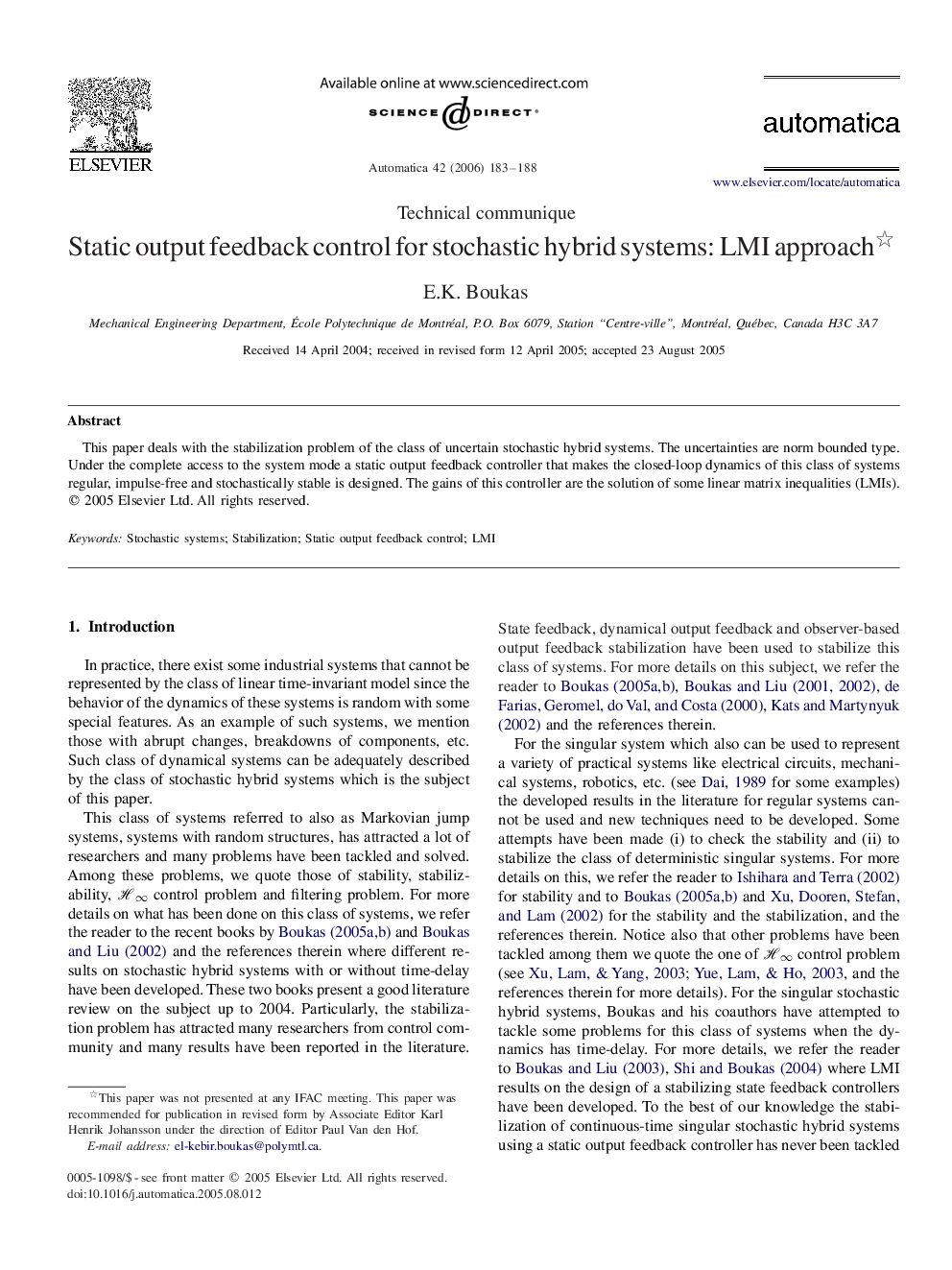 Static output feedback control for stochastic hybrid systems: LMI approach 