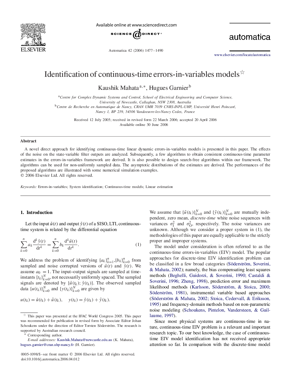 Identification of continuous-time errors-in-variables models 