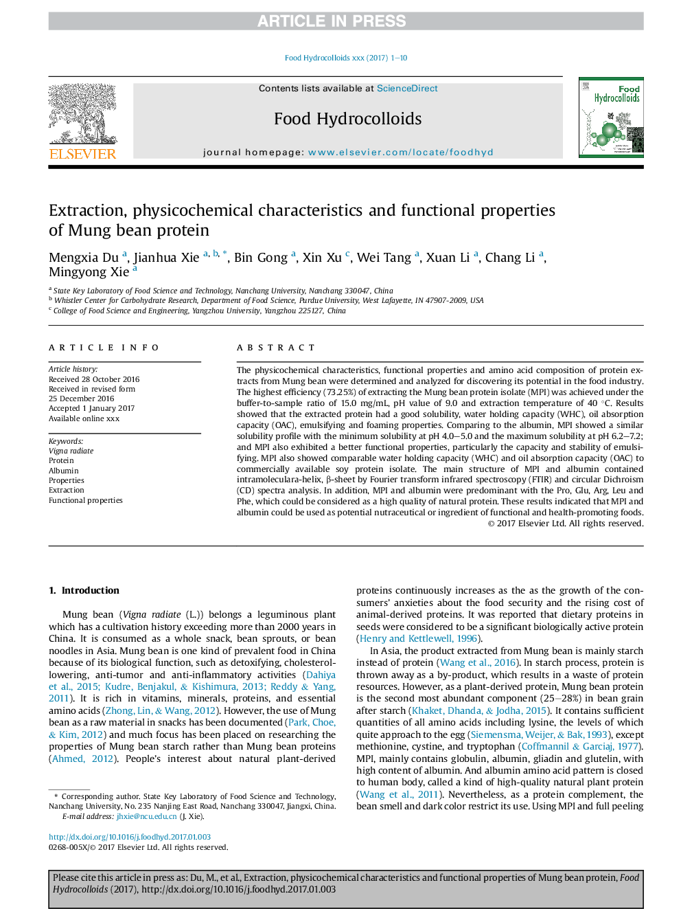 Extraction, physicochemical characteristics and functional properties of Mung bean protein