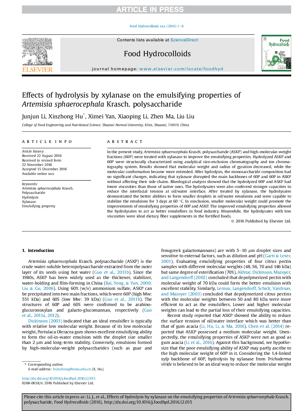 Effects of hydrolysis by xylanase on the emulsifying properties of Artemisia sphaerocephala Krasch. polysaccharide