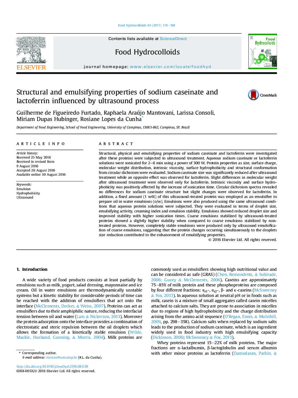 ویژگی های ساختاری و امولسیون سدیم کائازینات و لاکتوفرین تحت تاثیر فرآیند اولتراسوند قرار دارند 