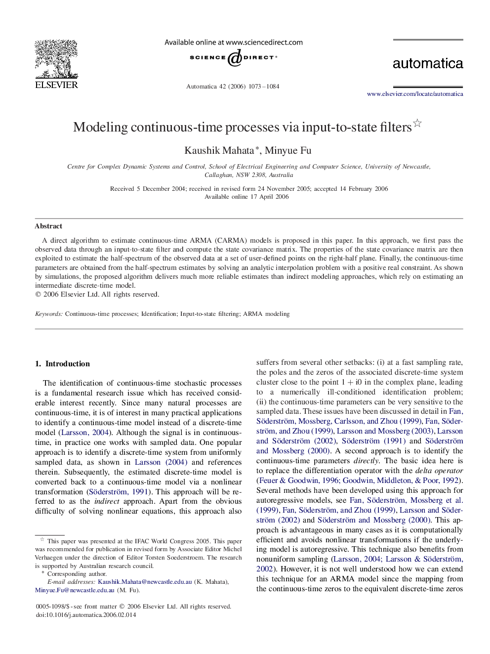 عکس صفحه اول مقاله: Modeling continuous-time processes via input-to-state filters Modeling continuous-time processes via input-to-state filters