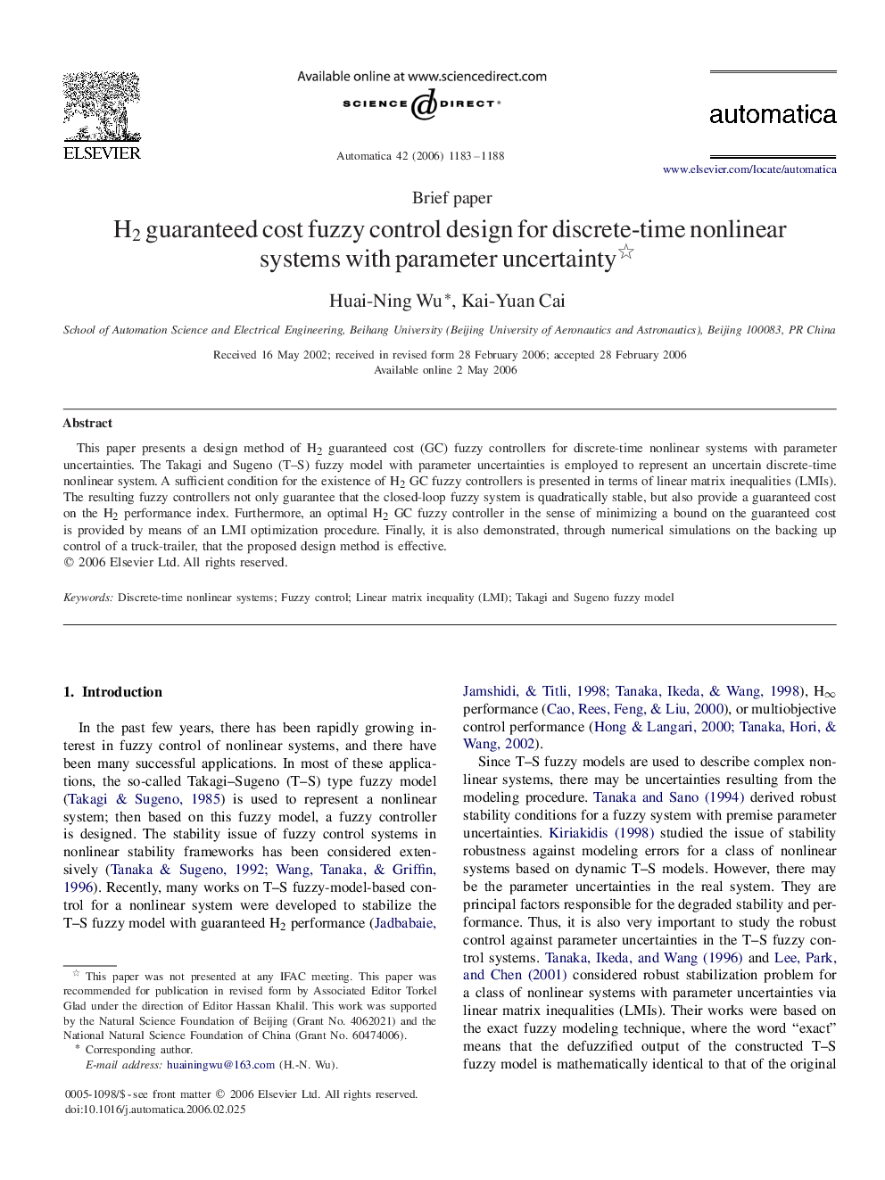 H2 guaranteed cost fuzzy control design for discrete-time nonlinear systems with parameter uncertainty 