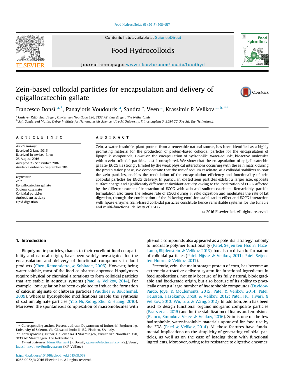 Zein-based colloidal particles for encapsulation and delivery of epigallocatechin gallate