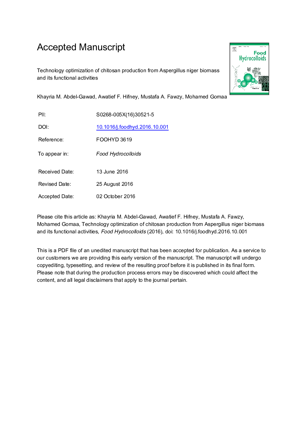 Technology optimization of chitosan production from Aspergillus niger biomass and its functional activities