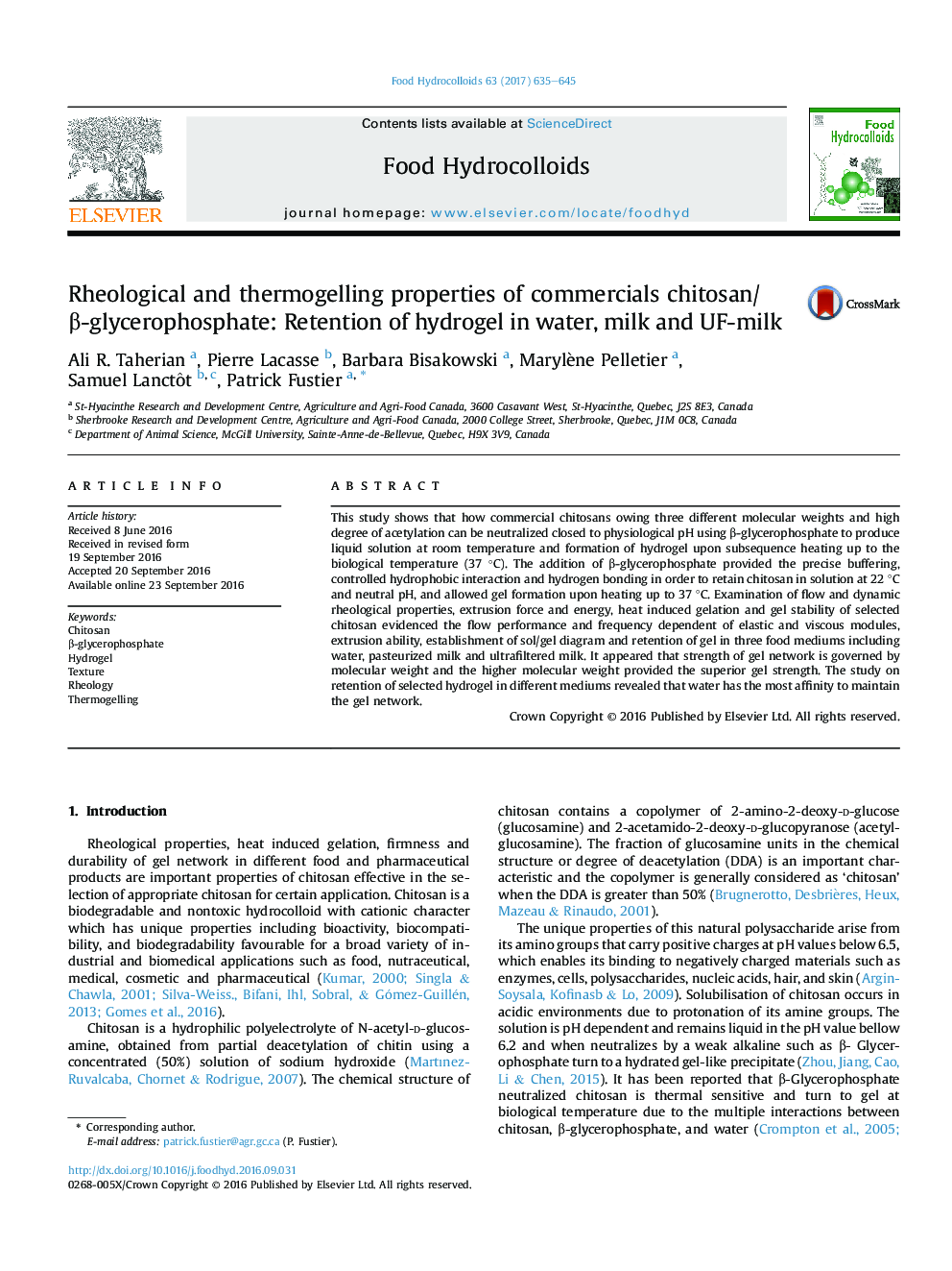 Rheological and thermogelling properties of commercials chitosan/Î²-glycerophosphate: Retention of hydrogel in water, milk and UF-milk