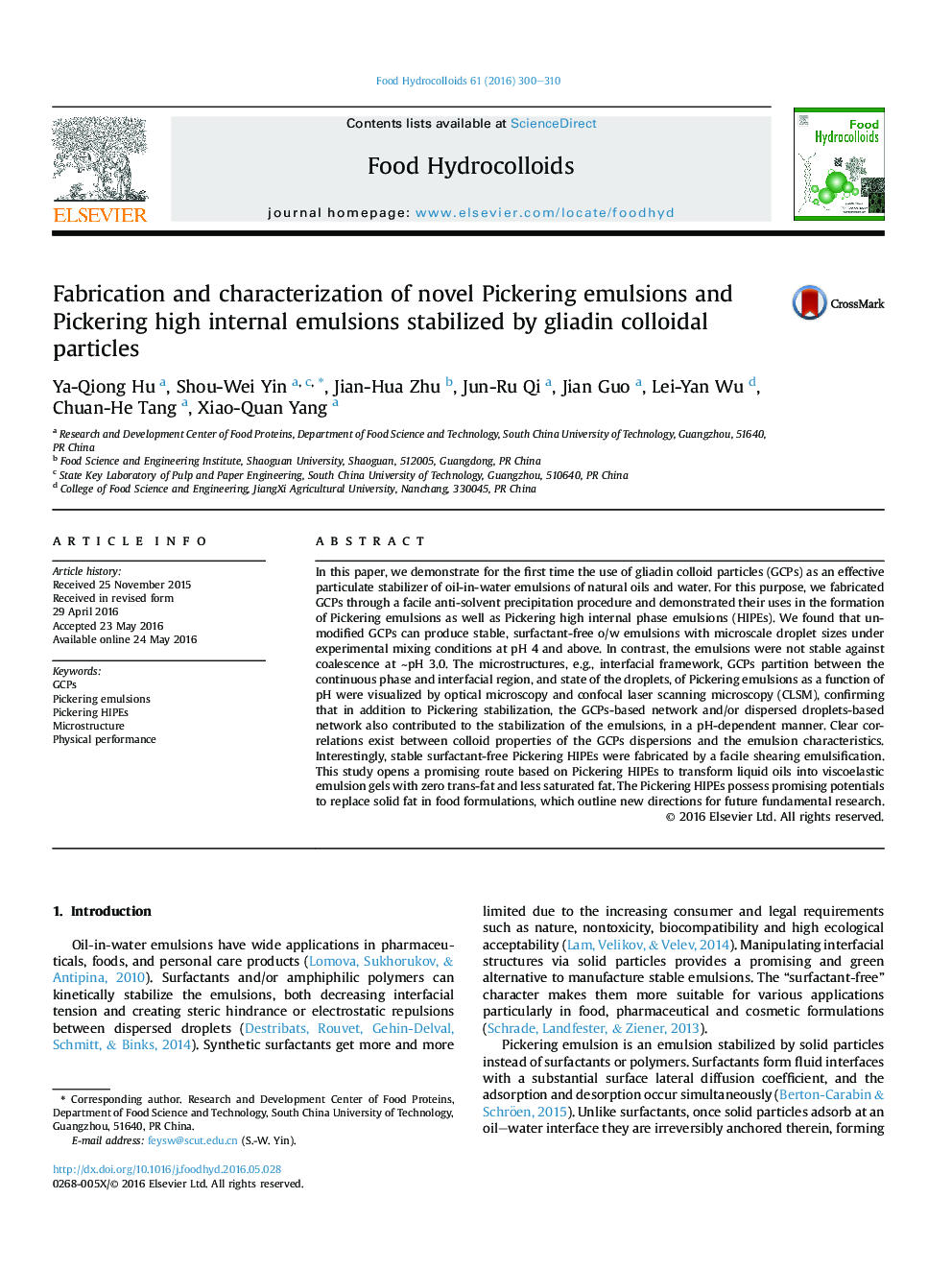 Fabrication and characterization of novel Pickering emulsions and Pickering high internal emulsions stabilized by gliadin colloidal particles