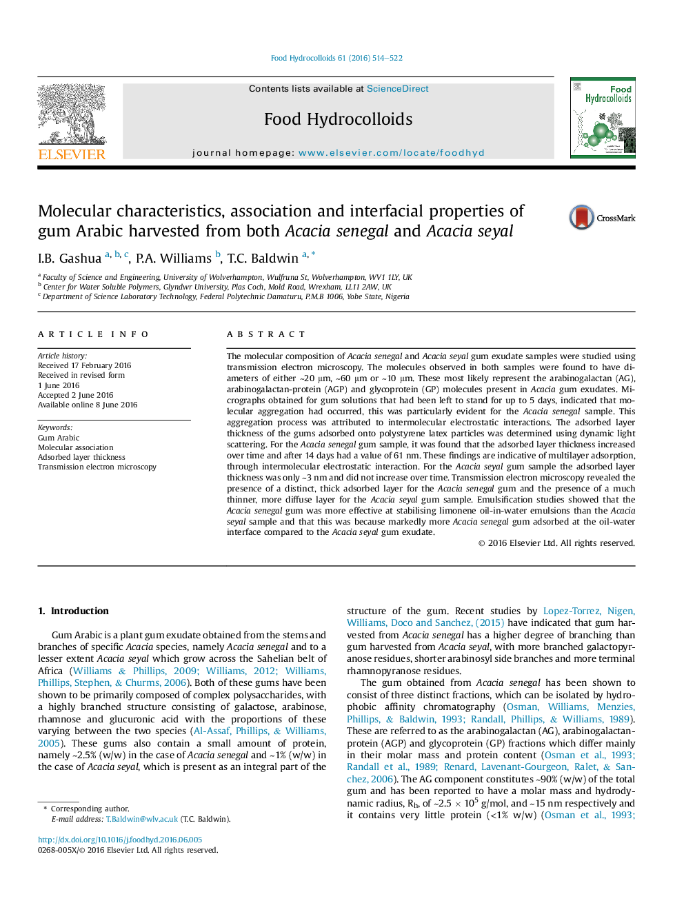 Molecular characteristics, association and interfacial properties of gum Arabic harvested from both Acacia senegal and Acacia seyal