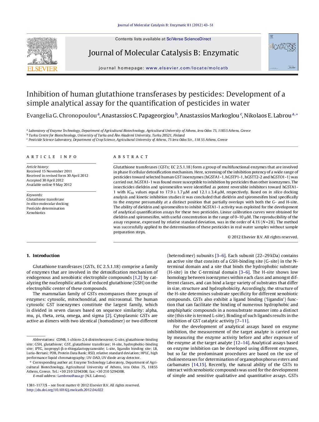 Inhibition of human glutathione transferases by pesticides: Development of a simple analytical assay for the quantification of pesticides in water