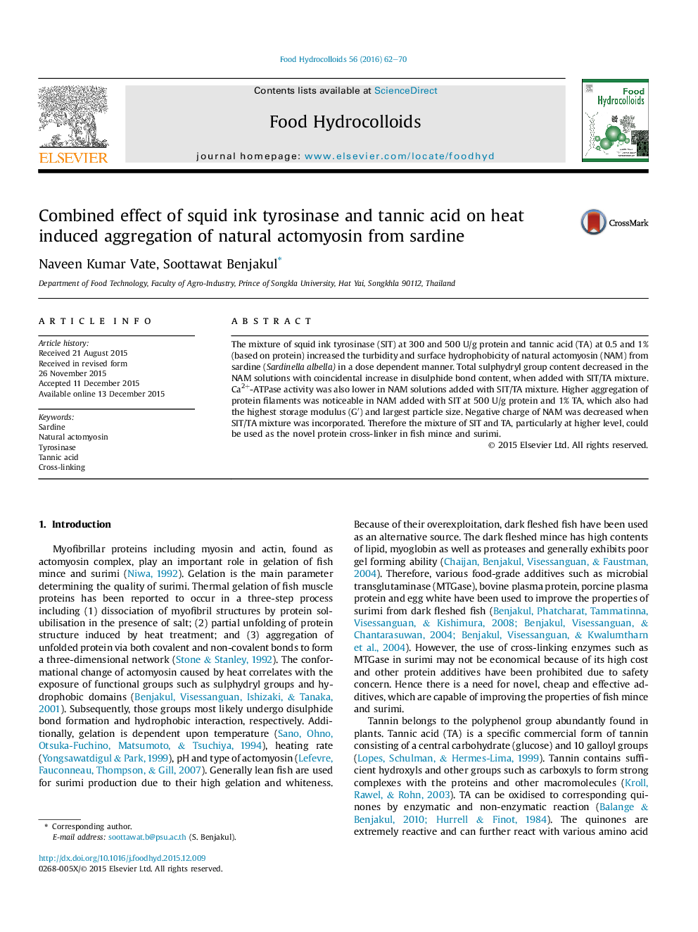 Combined effect of squid ink tyrosinase and tannic acid on heat induced aggregation of natural actomyosin from sardine