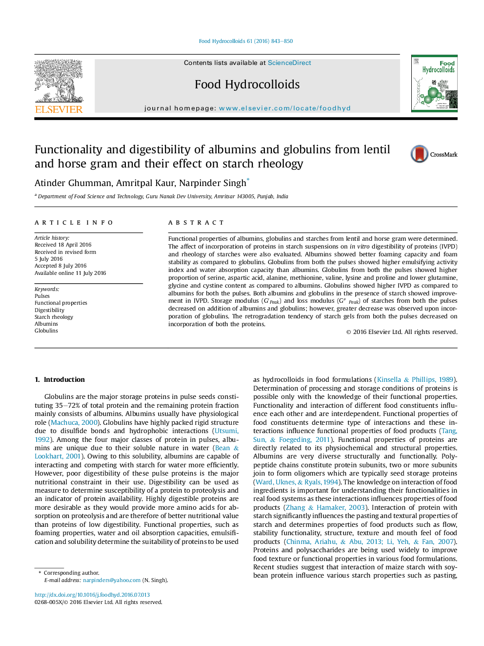 Functionality and digestibility of albumins and globulins from lentil and horse gram and their effect on starch rheology