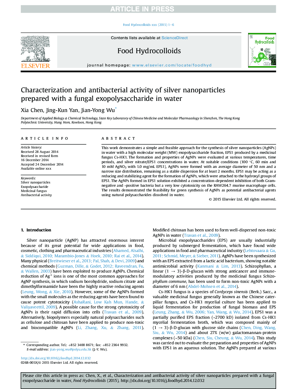 Characterization and antibacterial activity of silver nanoparticles prepared with a fungal exopolysaccharide in water