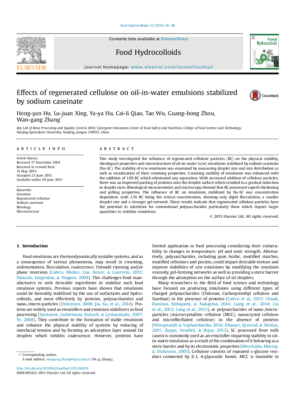 Effects of regenerated cellulose on oil-in-water emulsions stabilized by sodium caseinate