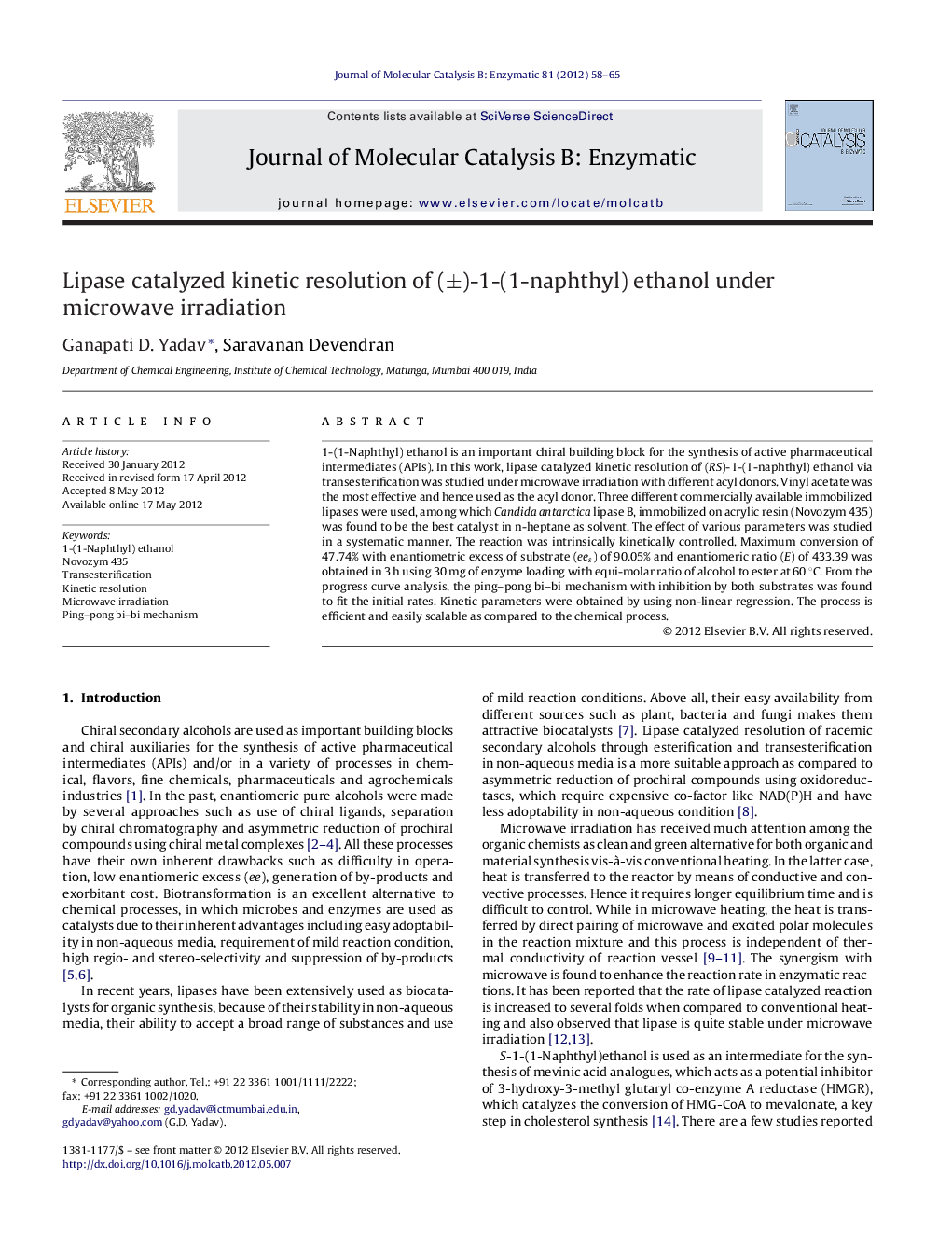 عکس صفحه اول مقاله: Lipase catalyzed kinetic resolution of (±)-1-(1-naphthyl) ethanol under microwave irradiation Lipase catalyzed kinetic resolution of (±)-1-(1-naphthyl) ethanol under microwave irradiation