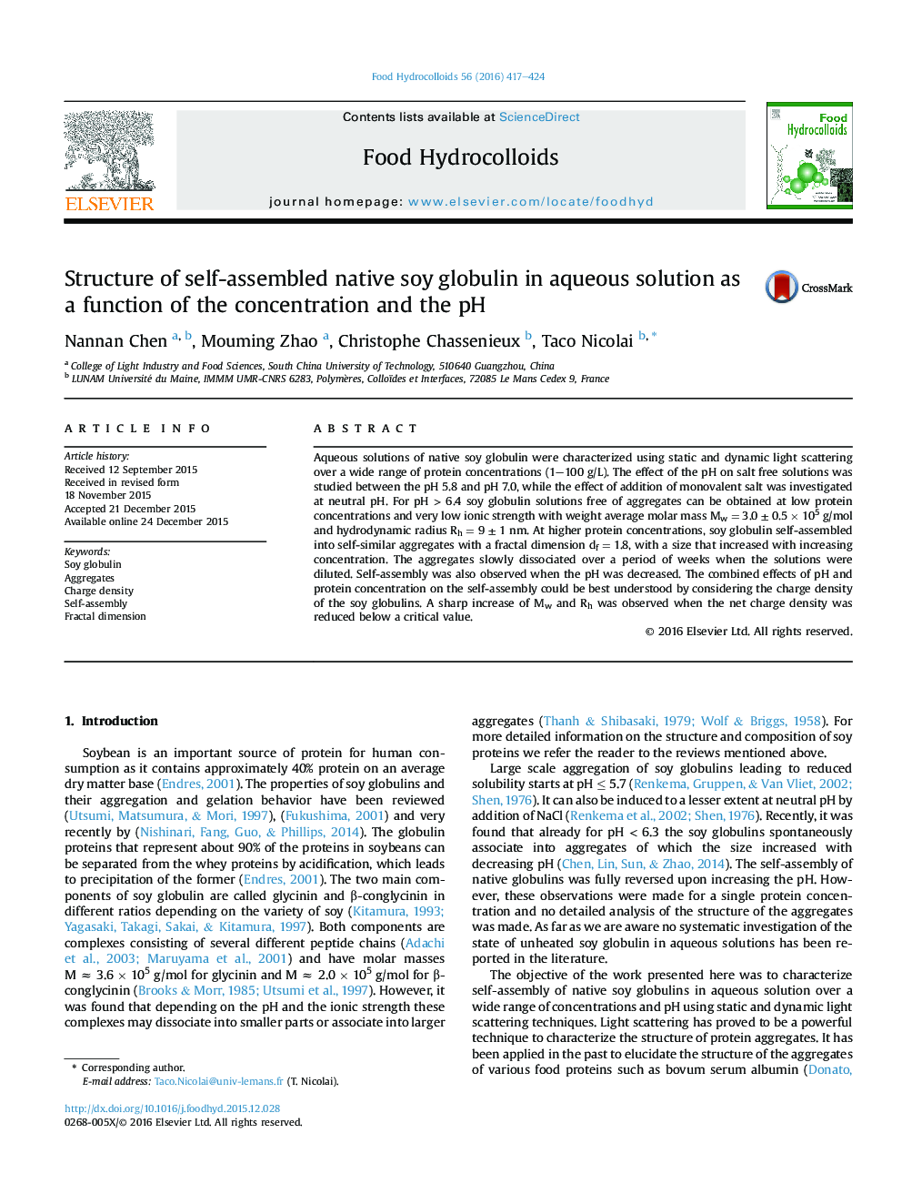 Structure of self-assembled native soy globulin in aqueous solution as a function of the concentration and the pH