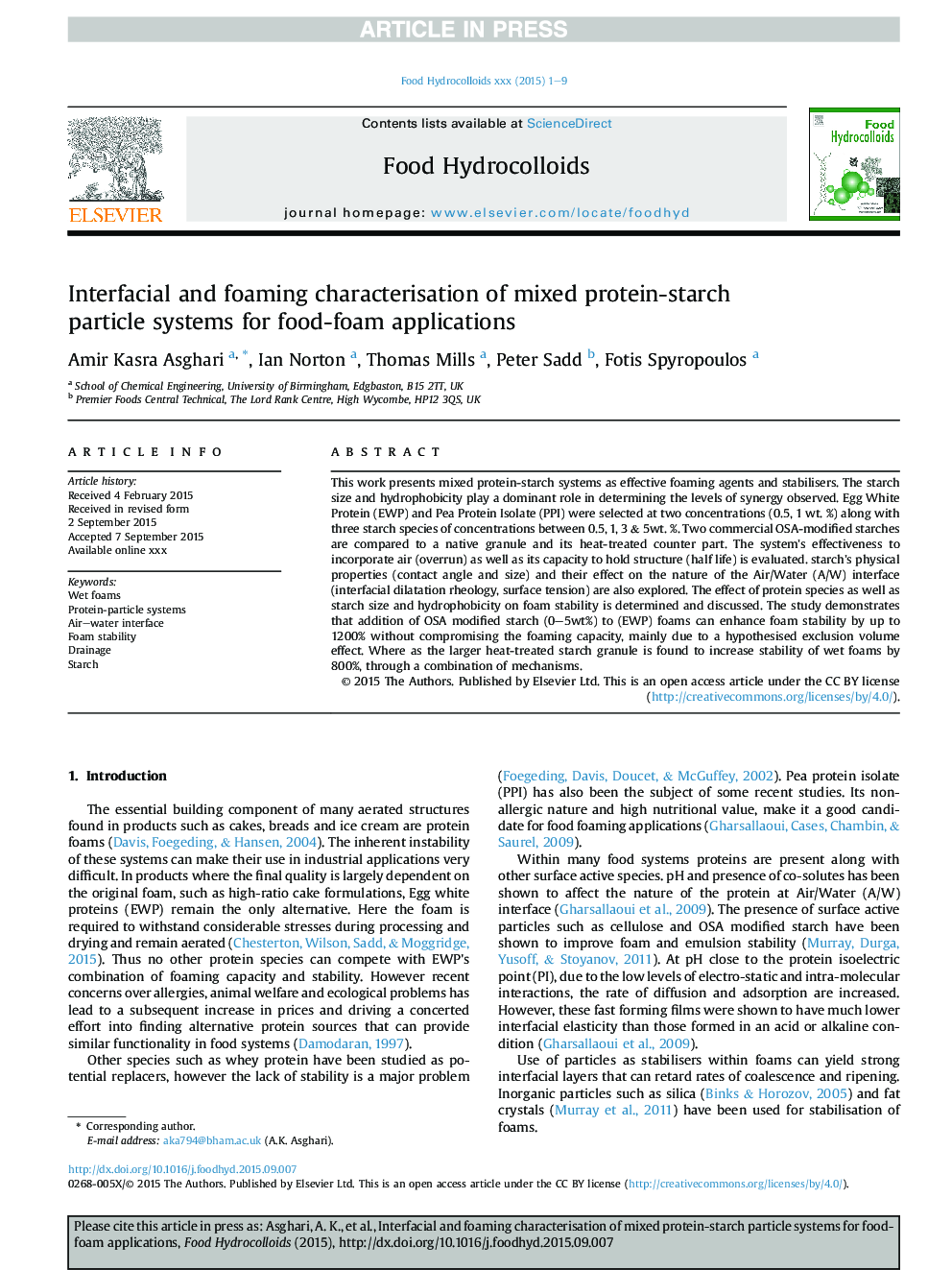 Interfacial and foaming characterisation of mixed protein-starch particle systems for food-foam applications