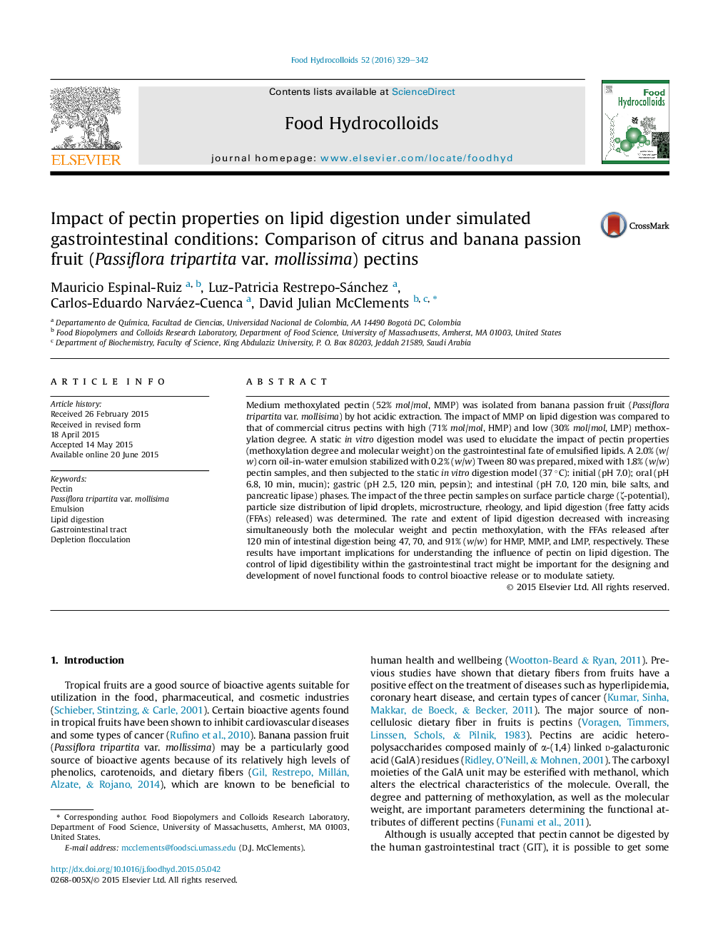 Impact of pectin properties on lipid digestion under simulated gastrointestinal conditions: Comparison of citrus and banana passion fruit (Passiflora tripartita var. mollissima) pectins