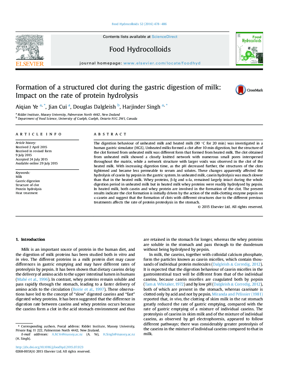 Formation of a structured clot during the gastric digestion of milk: Impact on the rate of protein hydrolysis